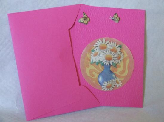 Carte 3D " Pot de petites fleurs et papillons "  enveloppe r